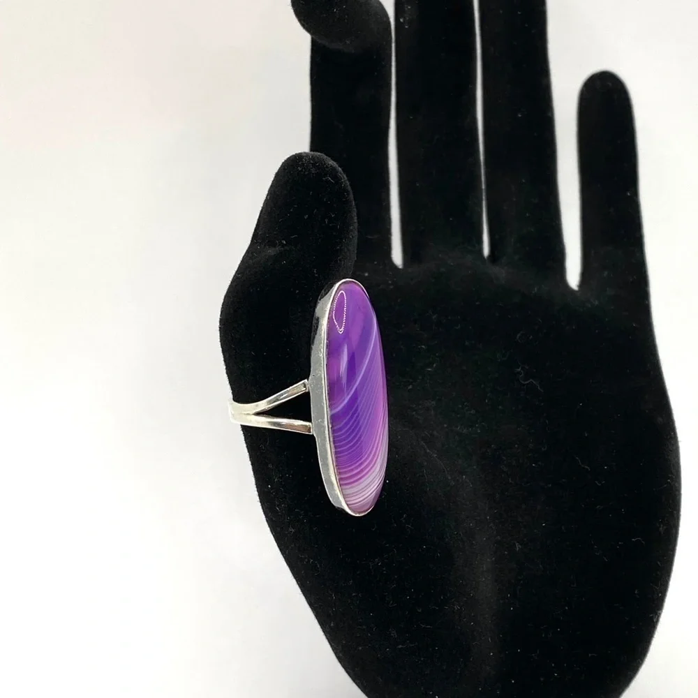 925 Sterling Silver Purple Striped Agate Ring size 7.5 vintage Statement